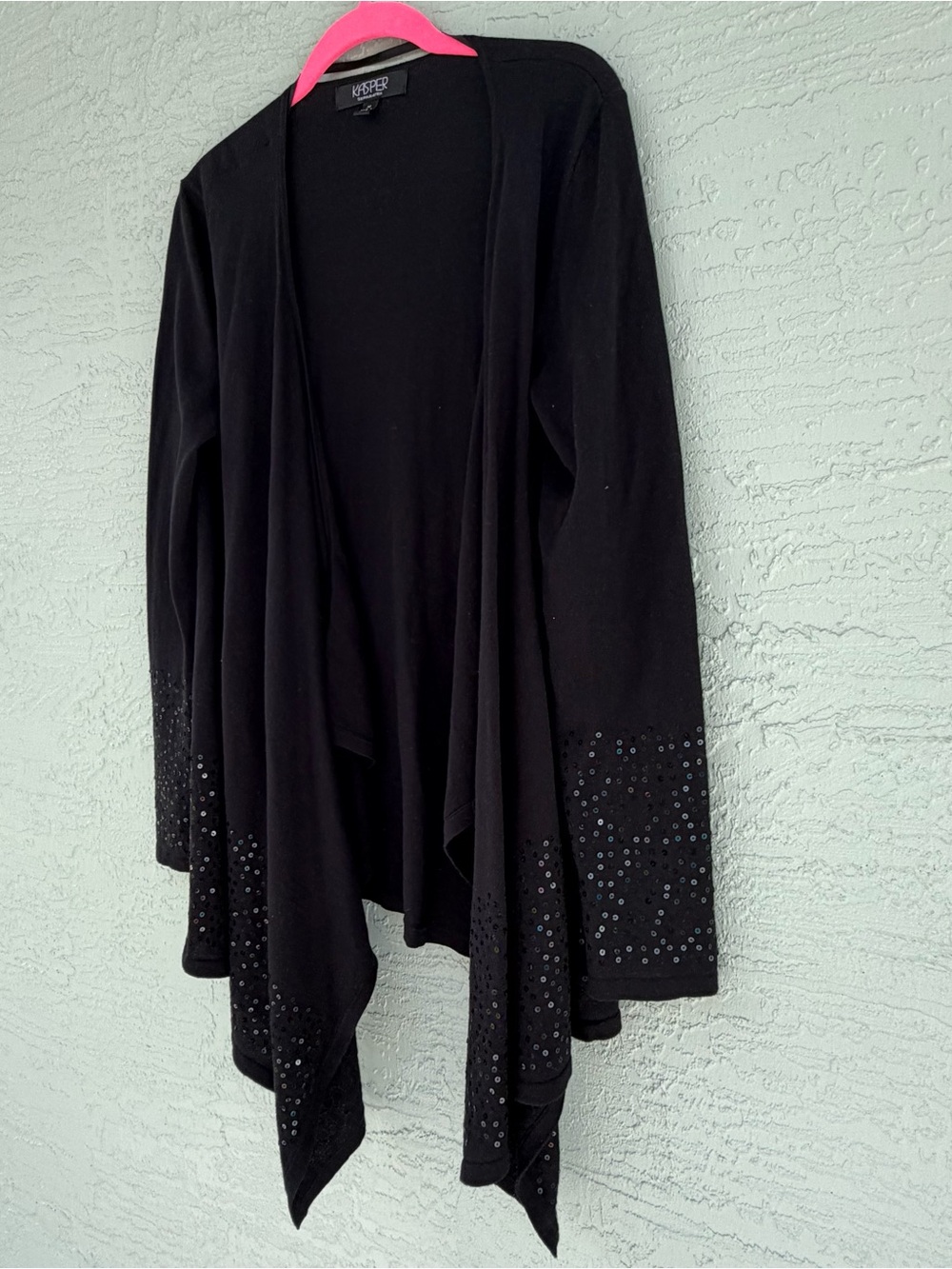 Kasper Black Open-Front Cardigan with Sequin Hem